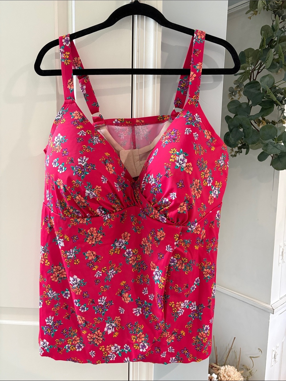 Floral V-Neck Swim Chemise in Bright Red
